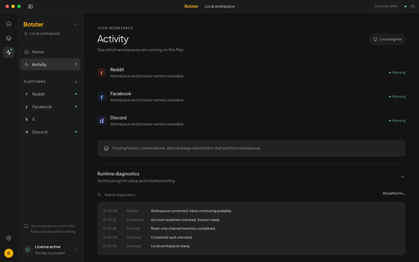 Botster activity view with fictional verified results, run status and account controls.