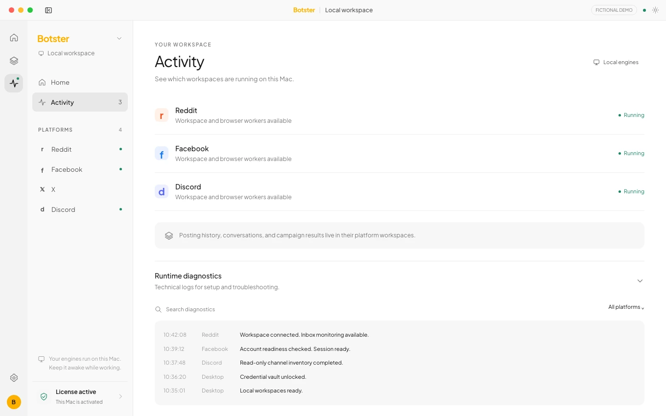 Botster activity view with fictional verified results, run status and account controls.