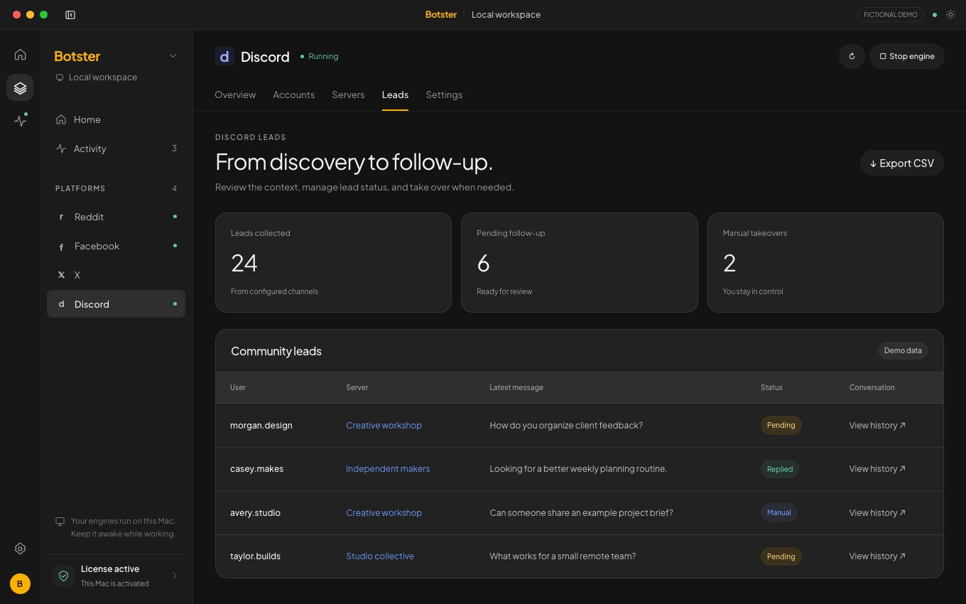 Botster Discord workspace with fictional qualified leads, servers, channels and manual takeover controls.
