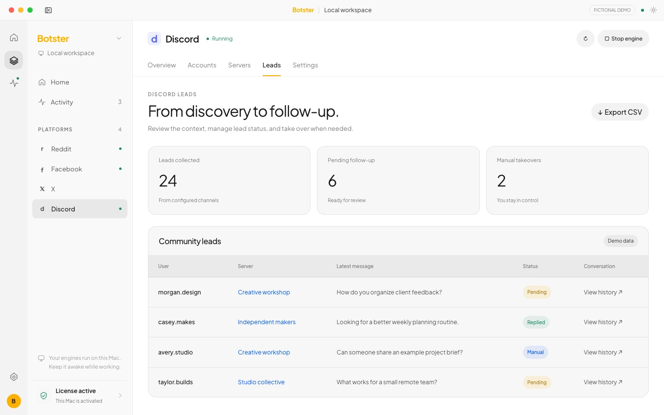 Botster Discord workspace with fictional qualified leads, servers, channels and manual takeover controls.