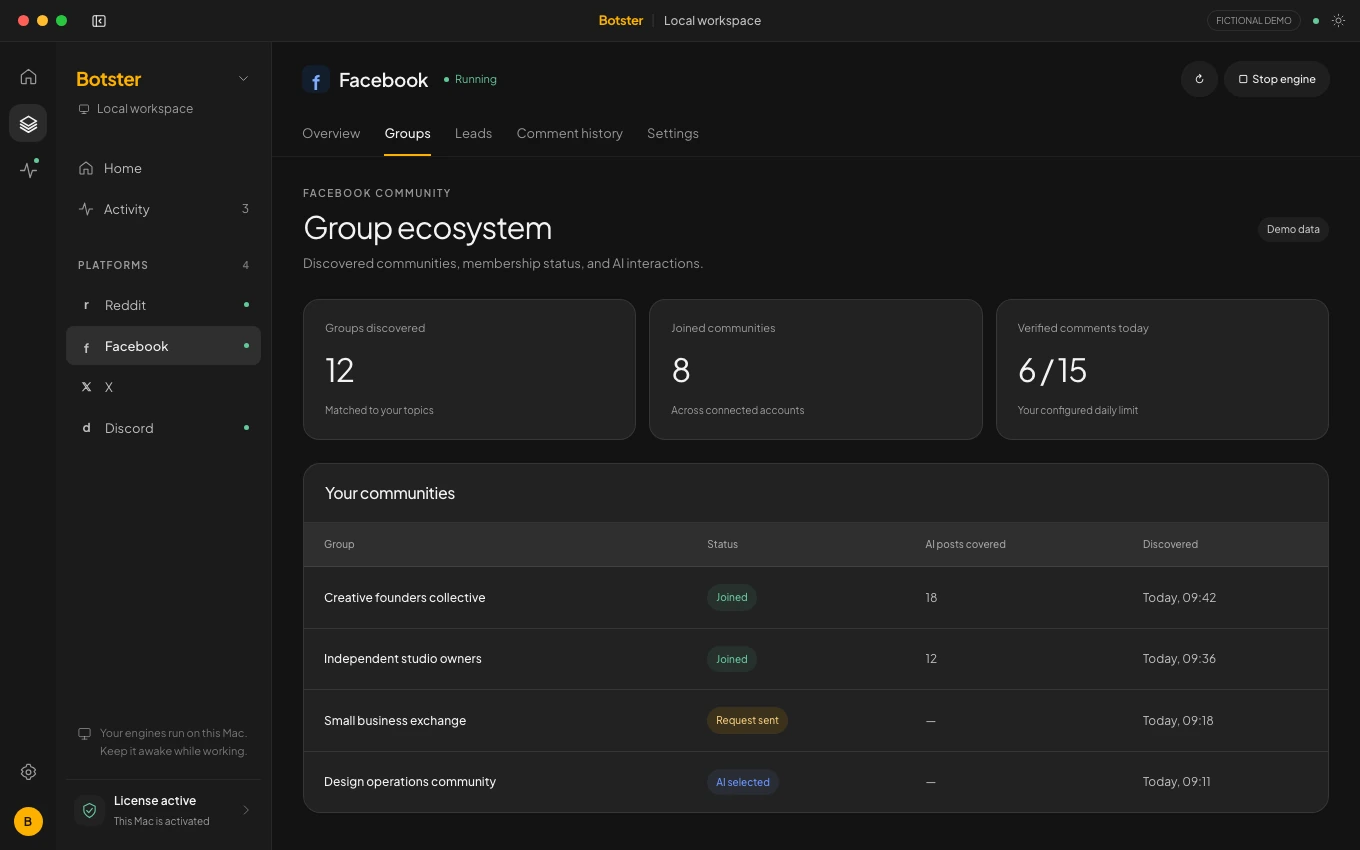 Botster Facebook workspace showing fictional groups, keyword rules and comment activity.