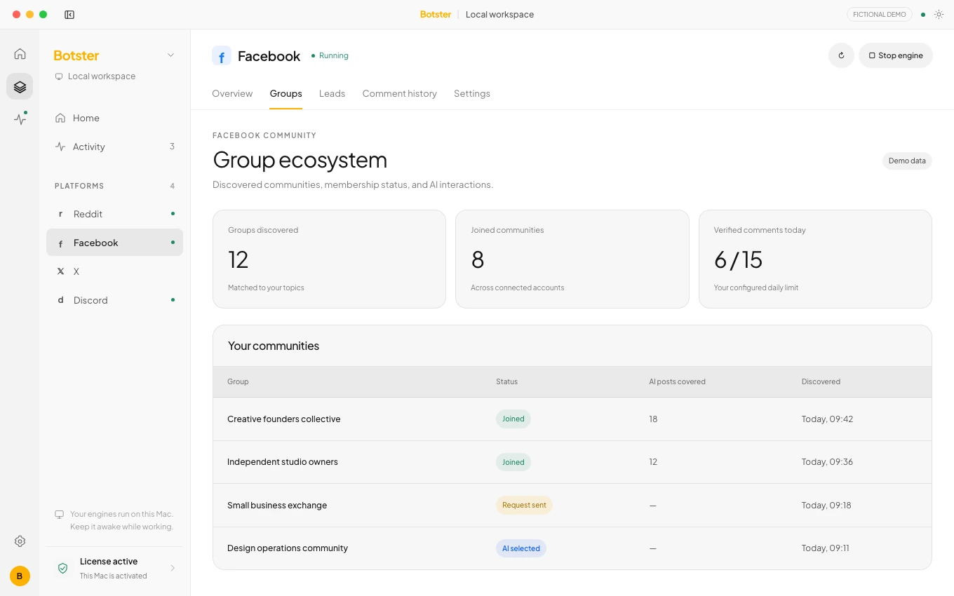 Botster Facebook workspace showing fictional groups, keyword rules and comment activity.