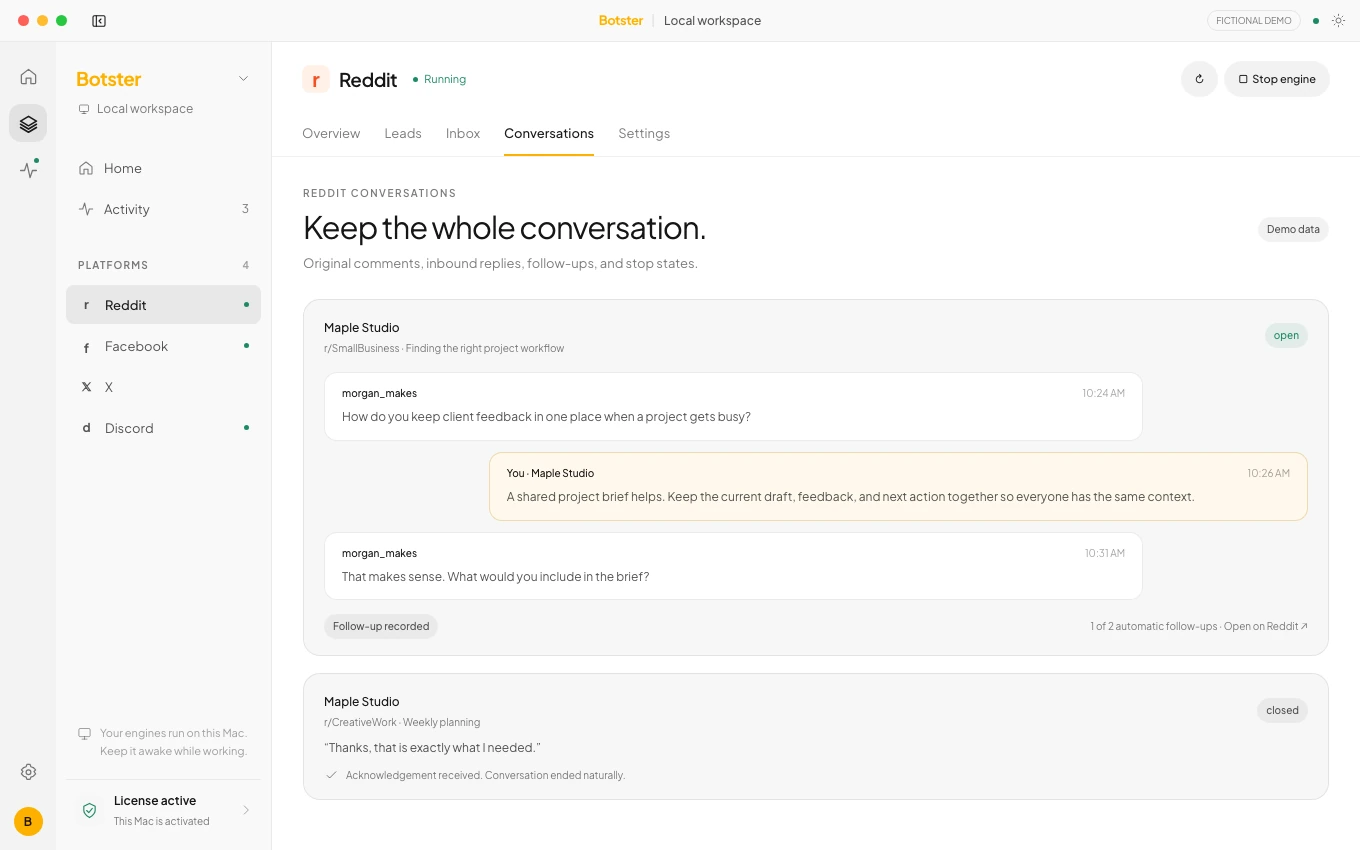 Botster Reddit workspace with keyword discovery, response history and a fictional conversation inbox.