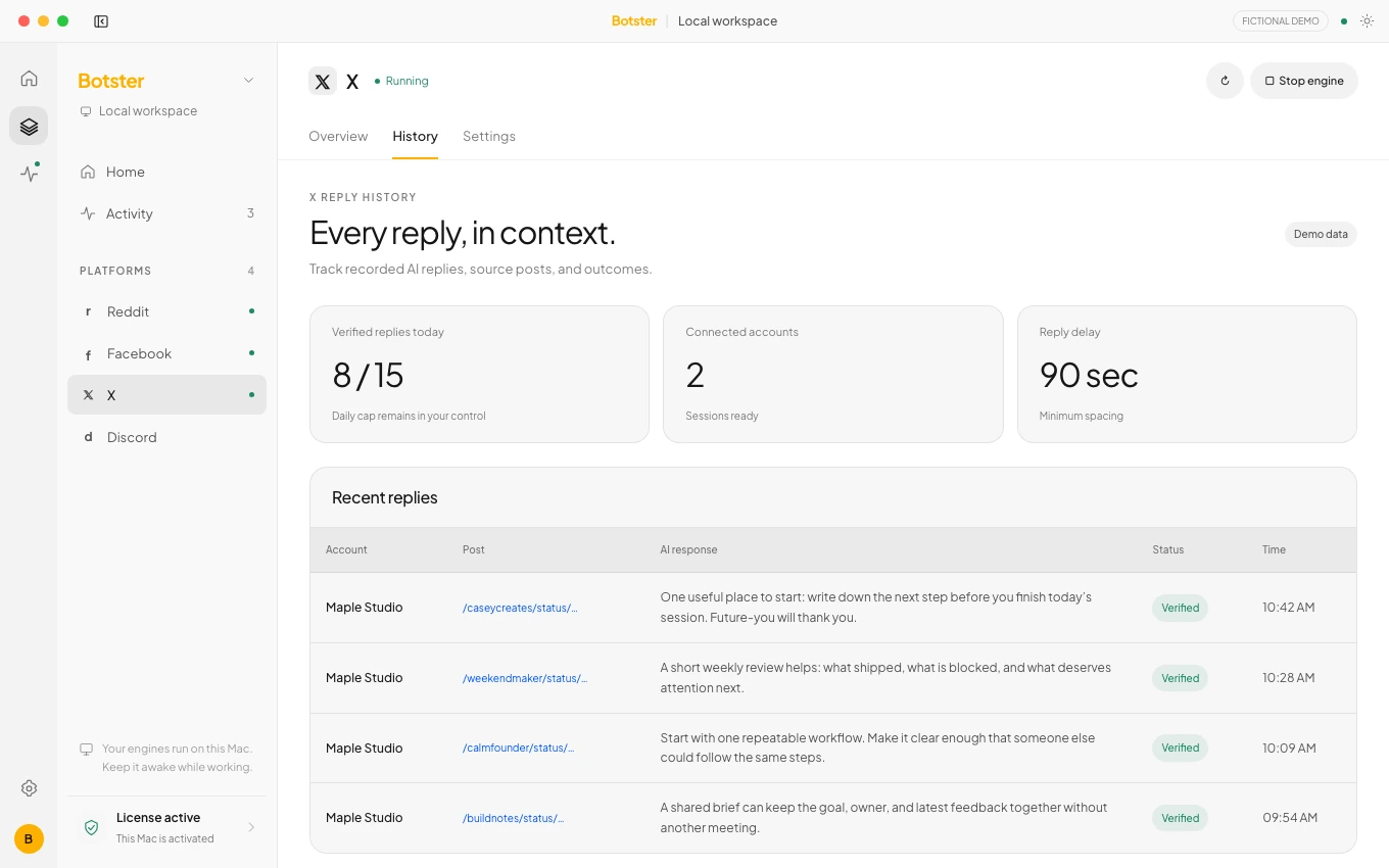Botster X workspace with fictional keyword matches, reply history and account status.